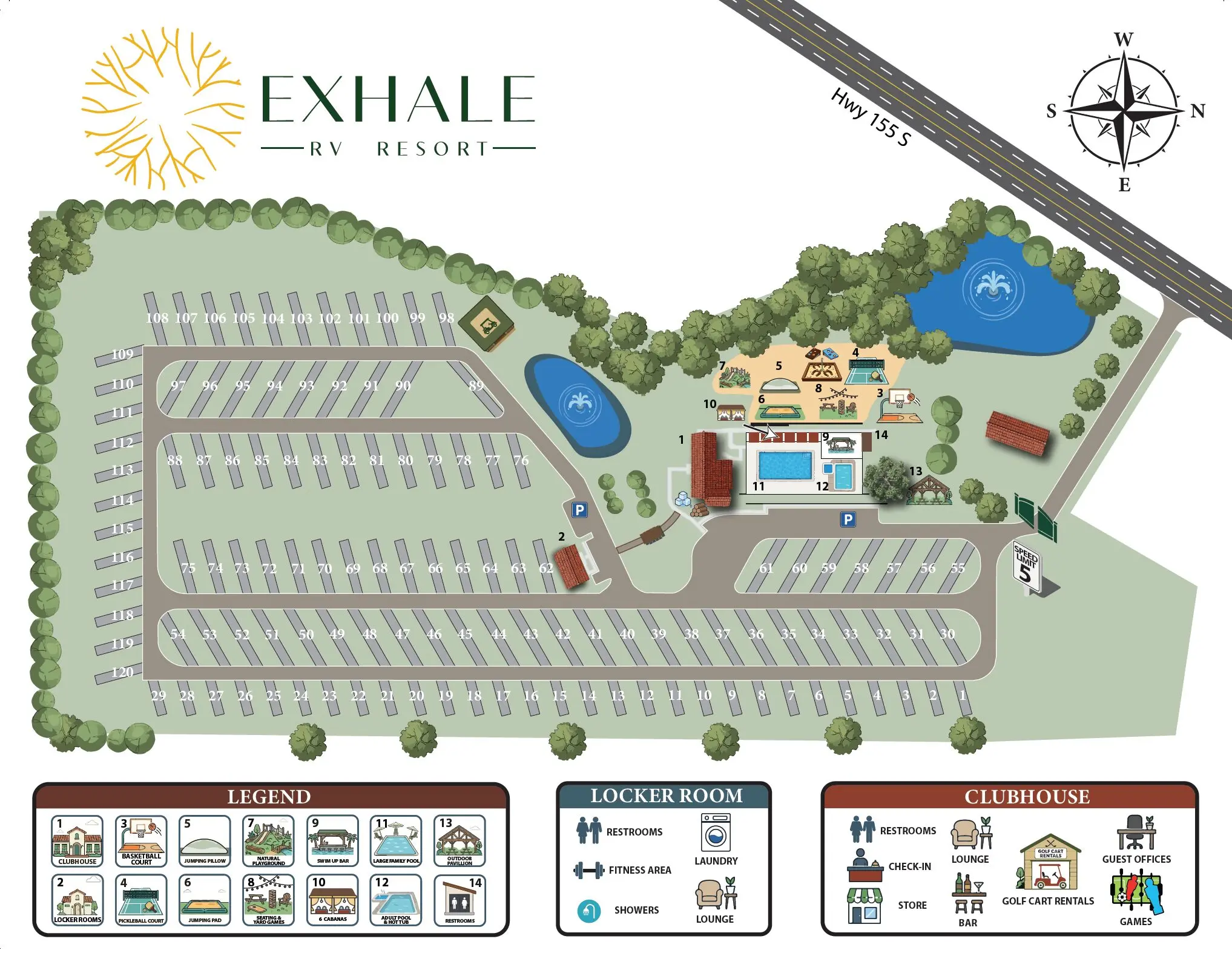 RV Resort Map with Pickleball, Basketball, Resort Pools, oversized RV Sites